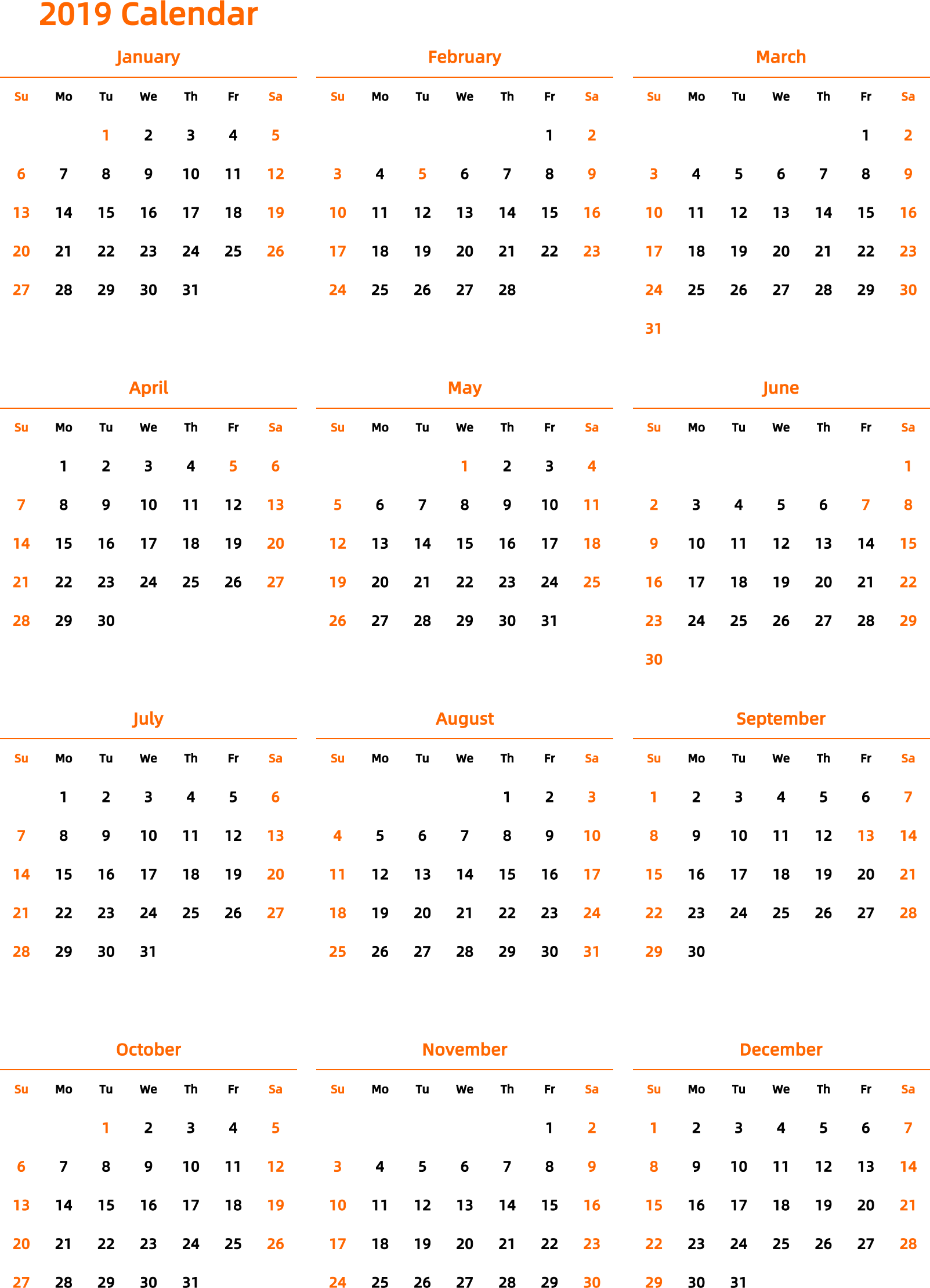 日历表2019年日历 英文版 纵向排版 周日开始 带节假日调休安排